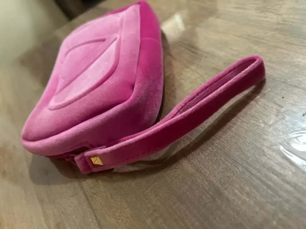 Valentino Pink Velvet Cosmetic Pouch Makeup Bag with Wristlet Strap